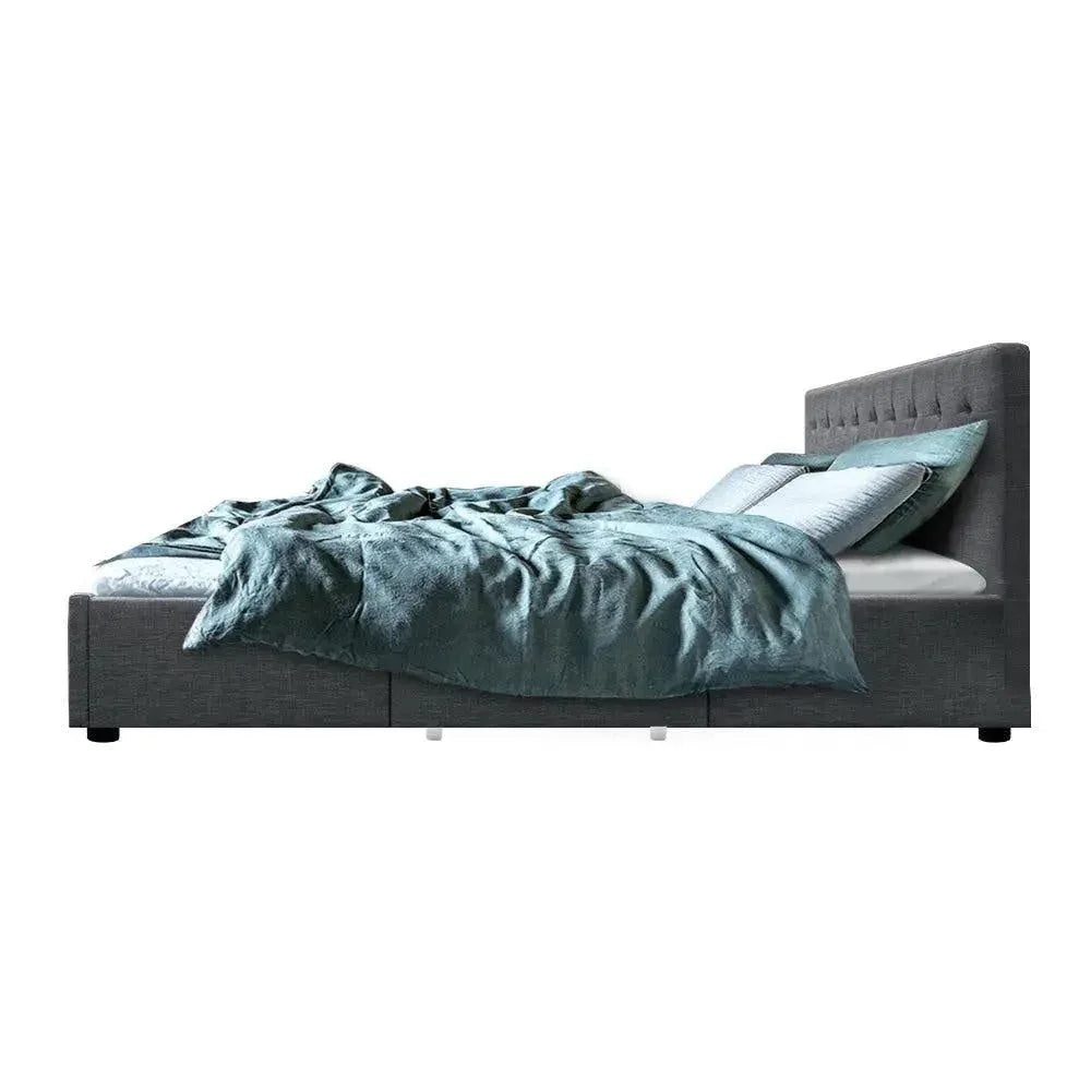 Grey king upholstered bed frame with side fabric storage drawers and padded headboard