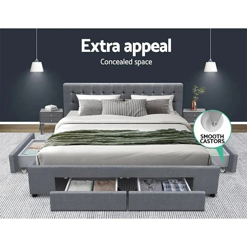 Grey king bed frame with fabric drawers and tufted headboard, bedding set