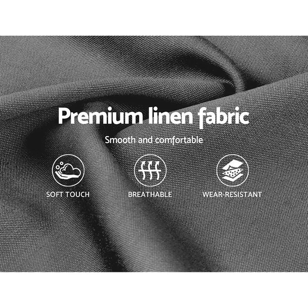 Grey upholstered linen fabric surface with subtle texture