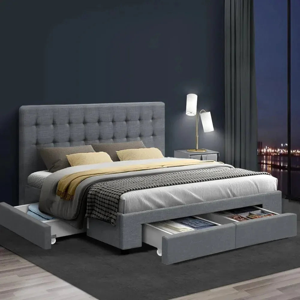Grey king upholstered bed frame with tufted headboard and front storage drawers