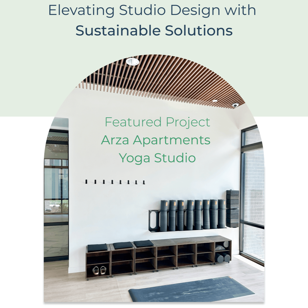 Yoga studio display with dark yoga mat rack holding multiple mats