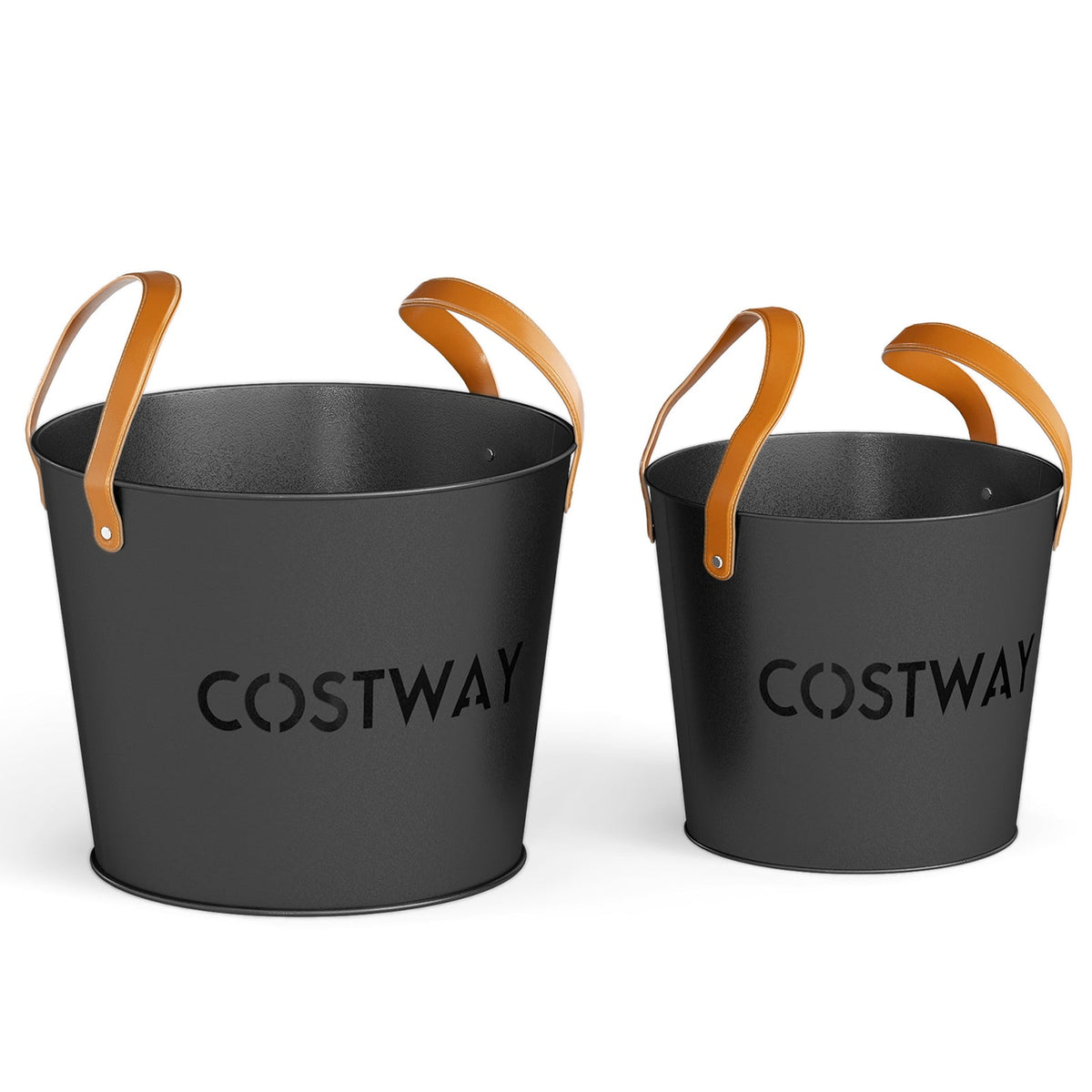 Pair of black metal ash buckets with tan leather handles and COSTWAY branding