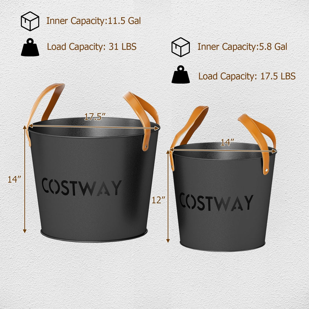 Two black metal ash buckets with tan leather handles showing height and capacity