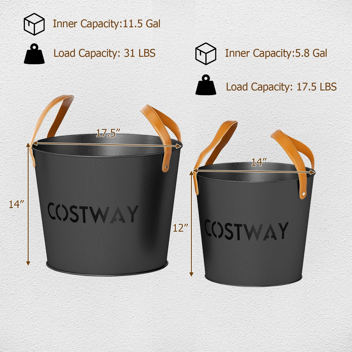 Two black metal ash buckets with tan leather handles showing height and capacity