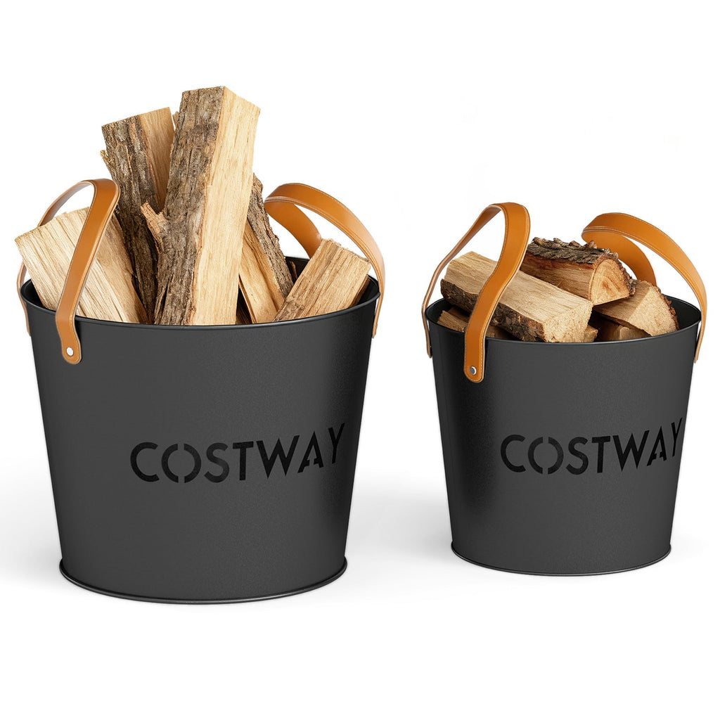 Two black metal ash buckets with tan leather handles holding split firewood