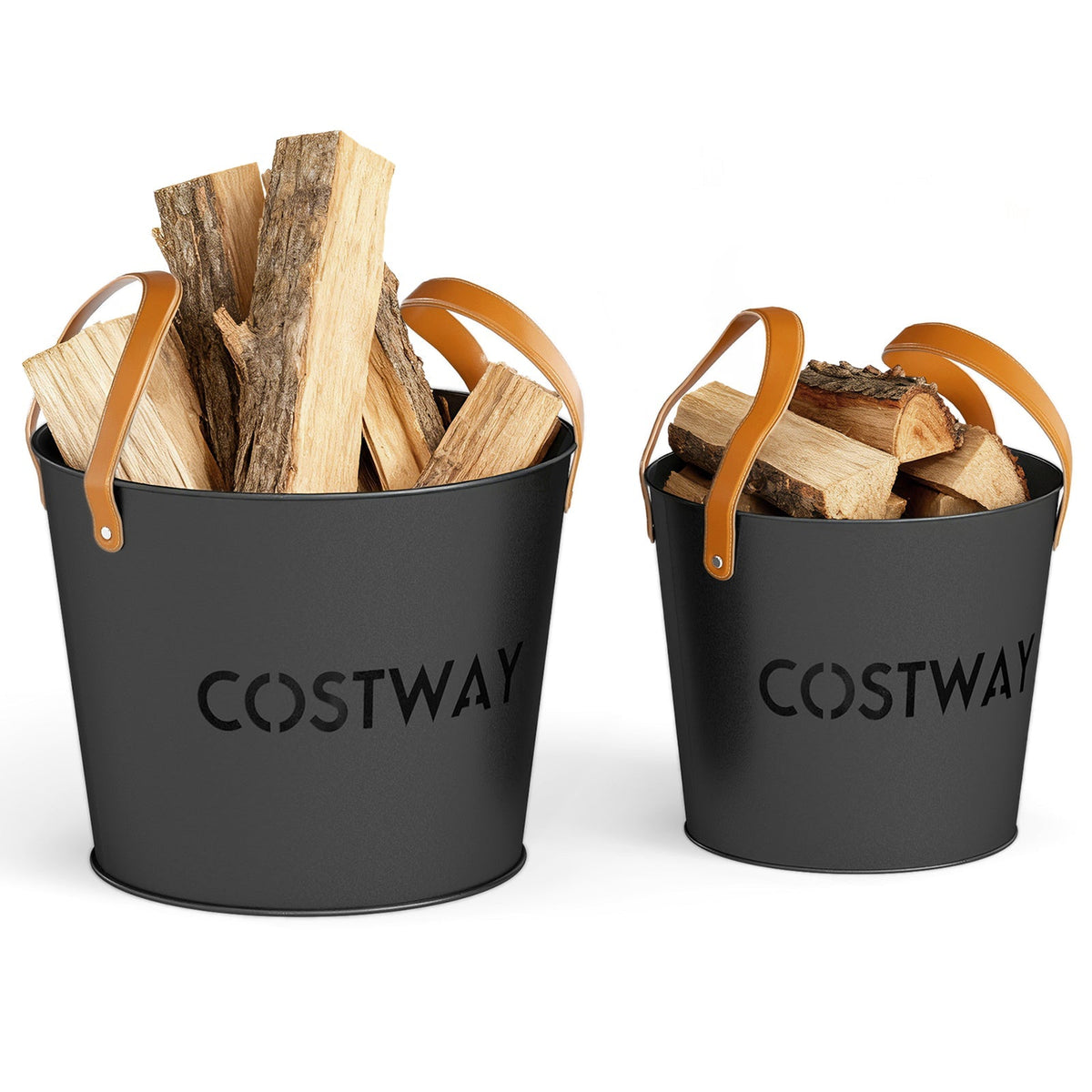 Two black metal ash buckets with tan leather handles holding split firewood