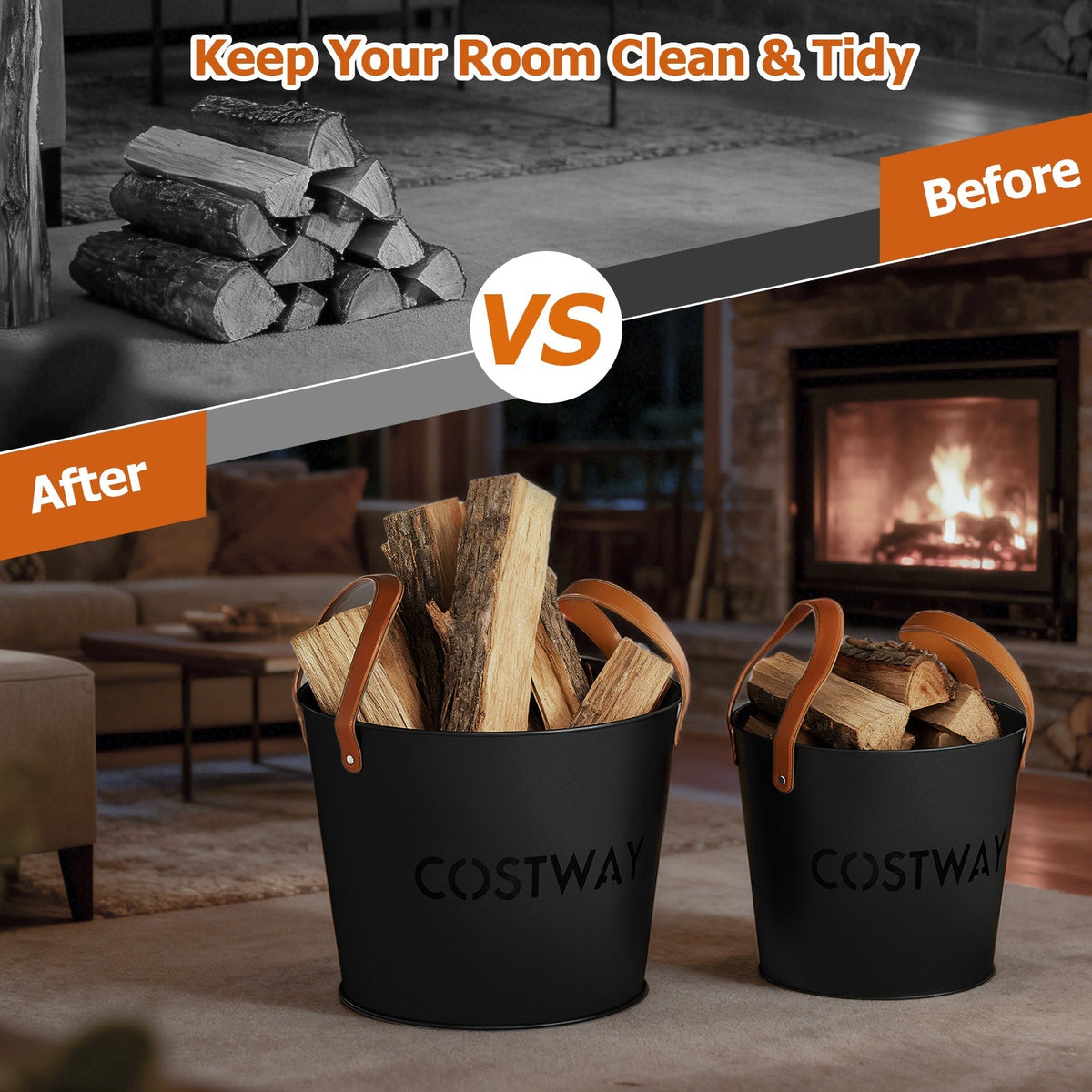 Two black metal ash buckets with tan handles in front of a fireplace