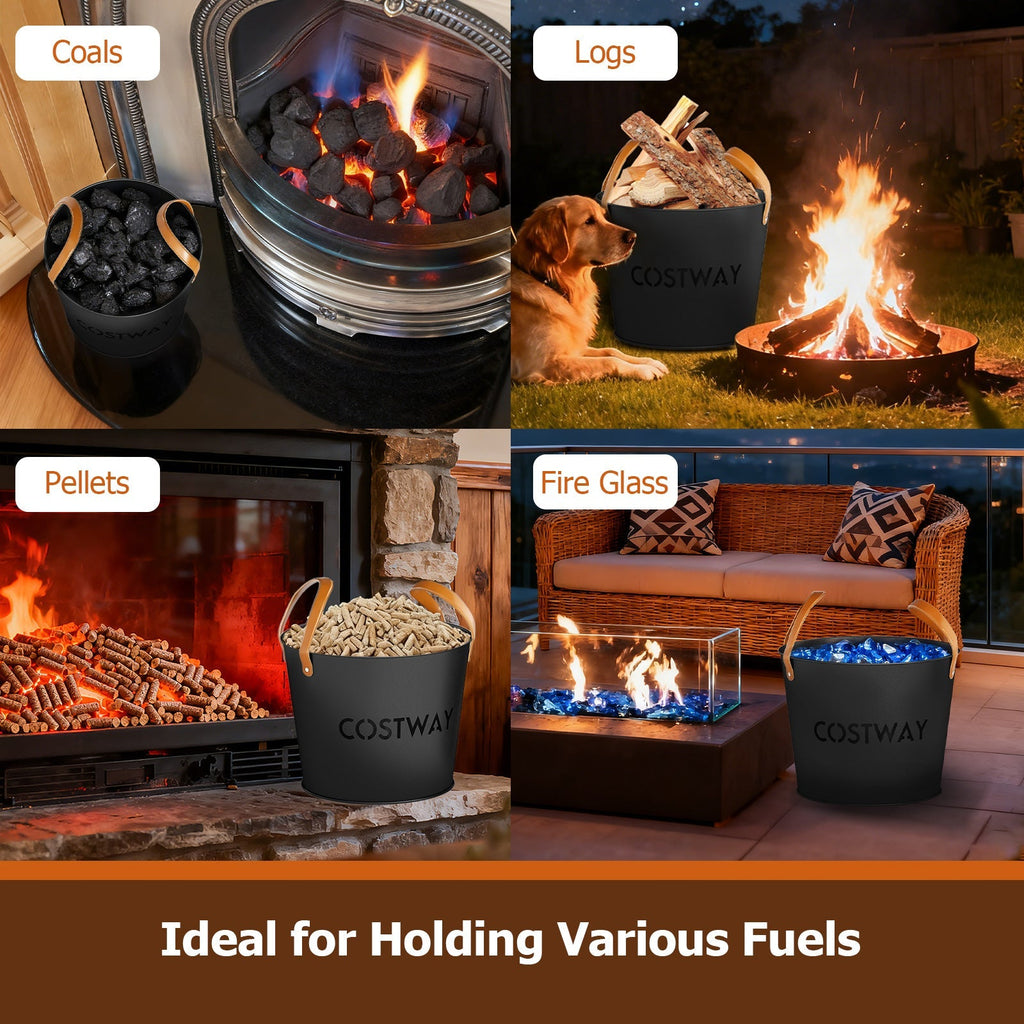Black metal ash buckets with tan handles holding charcoal, logs, pellets, and fire glass