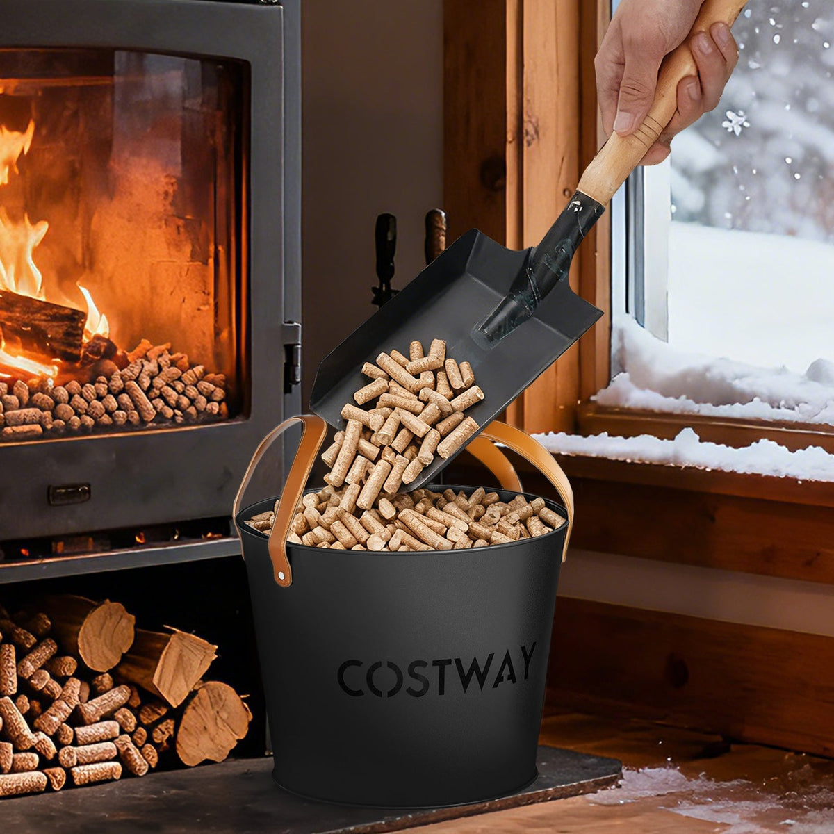 Black metal ash bucket with tan handles pouring wood pellets near a fireplace
