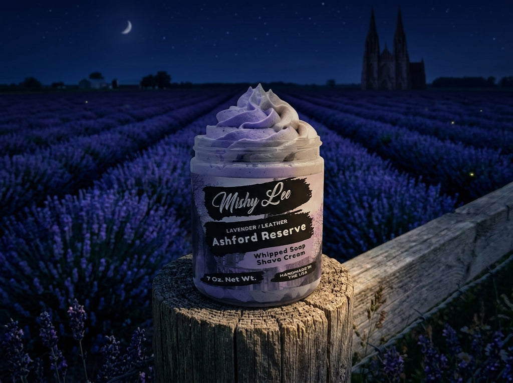 Lavender whipped soap/shave cream jar on a wooden log