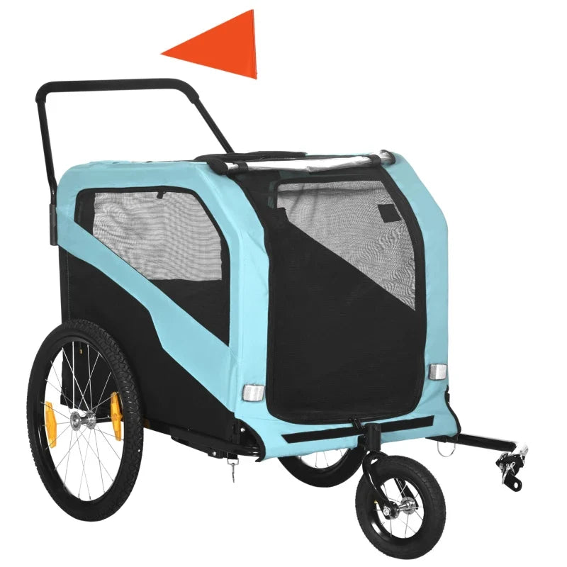 Blue dog bike trailer with mesh doors, black canopy, and front handle frame