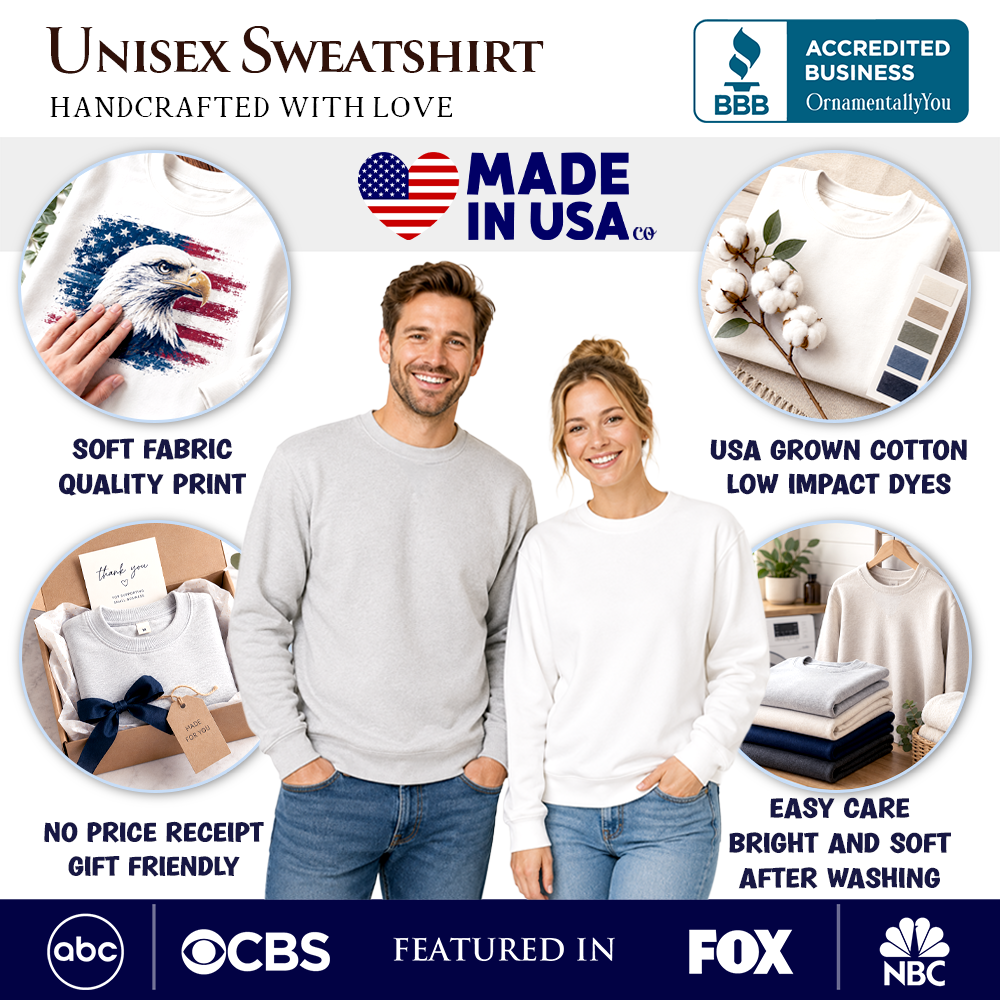 Unisex sweatshirt shown with fabric, cotton, care, and gift details