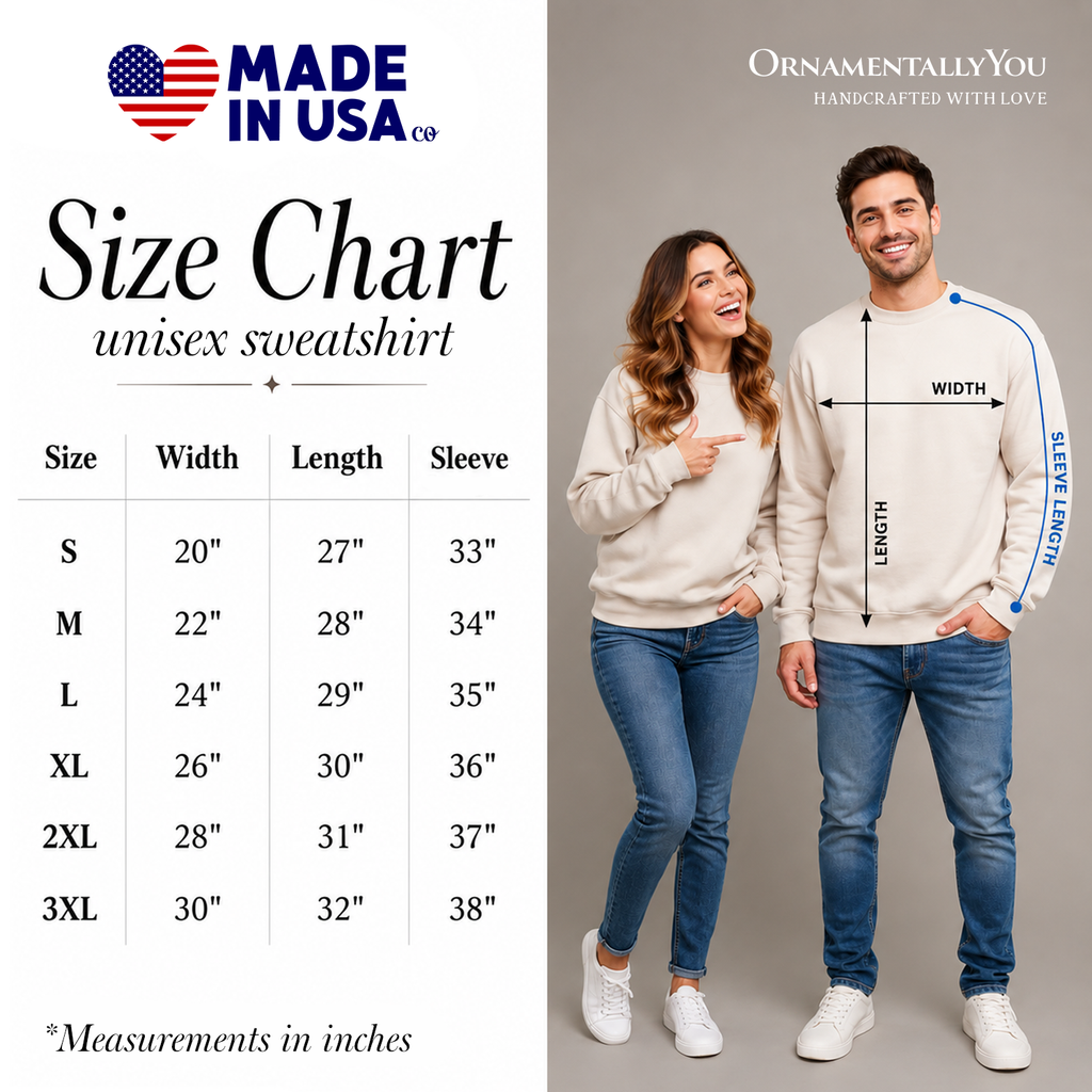 Unisex sweatshirt size chart with width, length, and sleeve measurements
