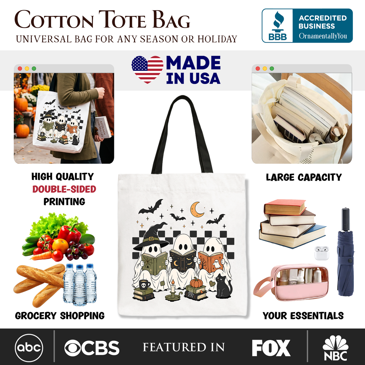Off-white tote bag with double-sided style, black Halloween ghost cat print