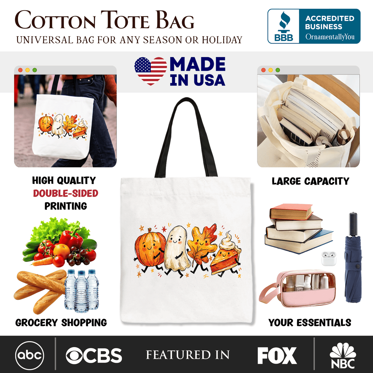 White cotton tote bag with black handles and double-sided autumn character graphic