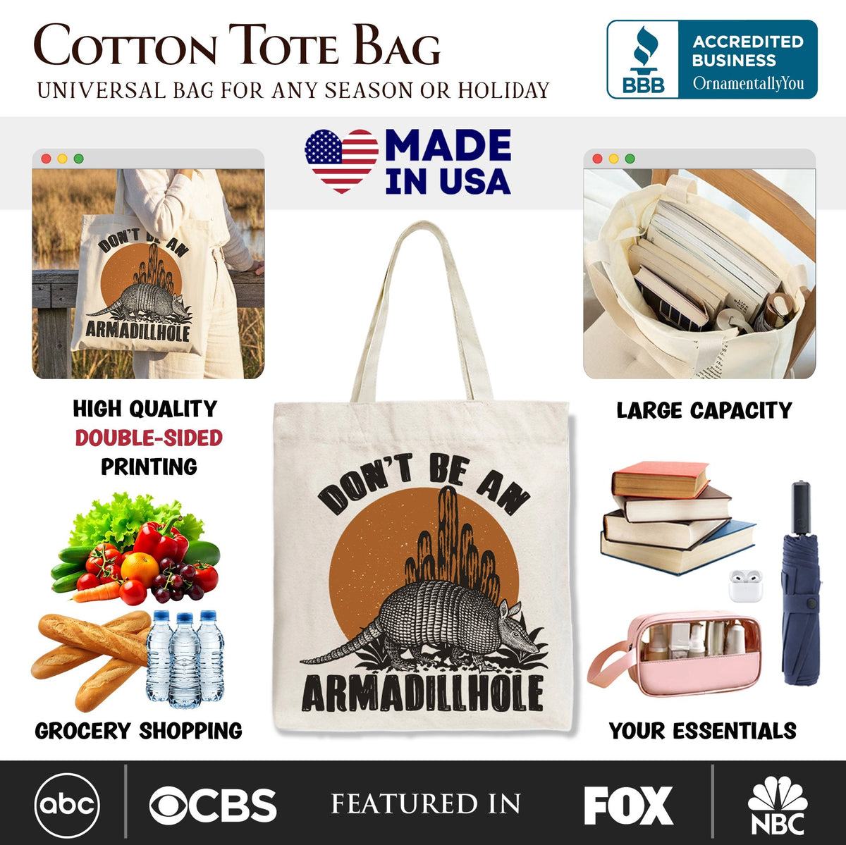 White cotton tote bag featuring armadillohole front graphic