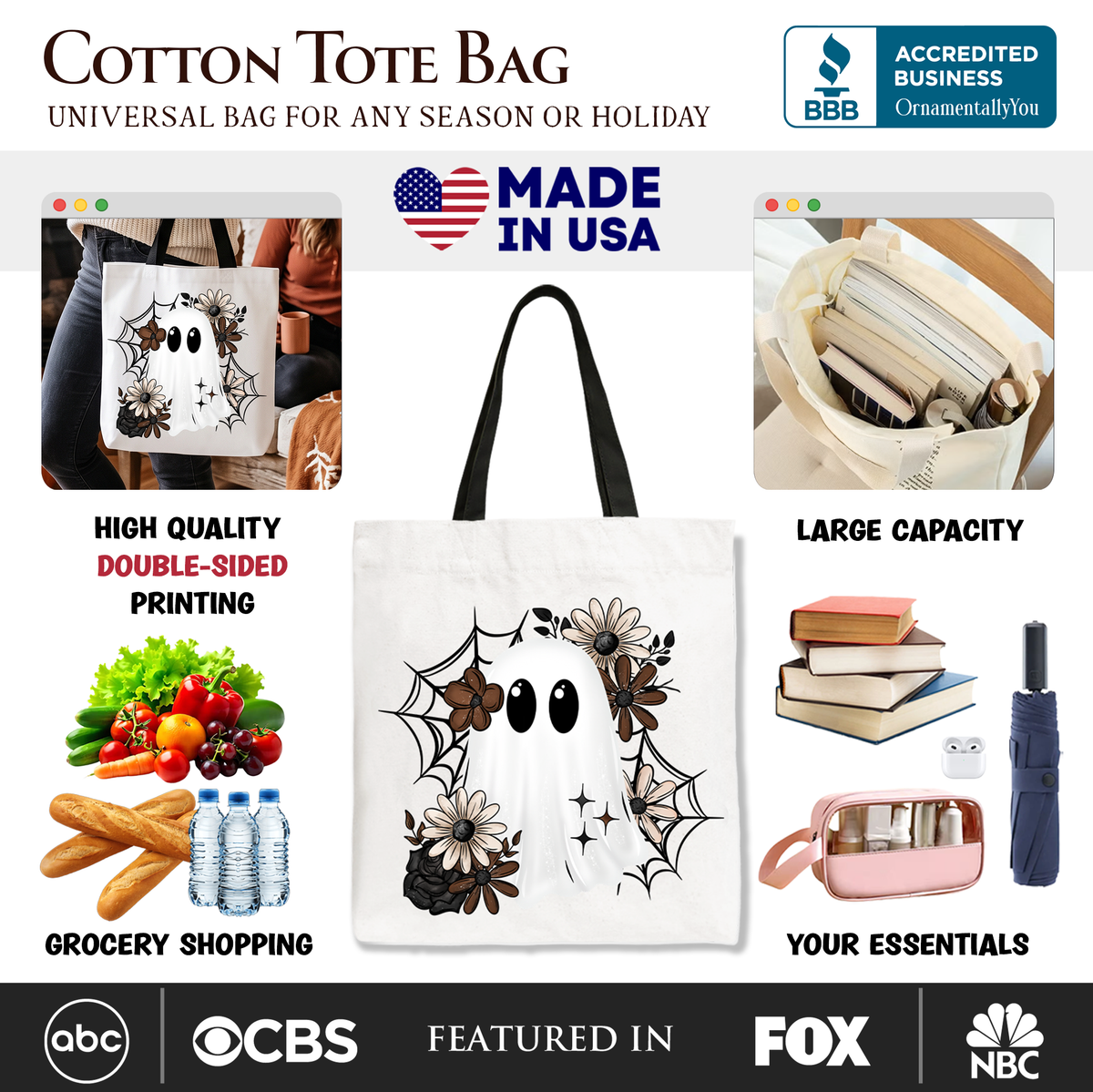 Beige cotton tote bag with black handle, double-sided floral ghost spiderweb print