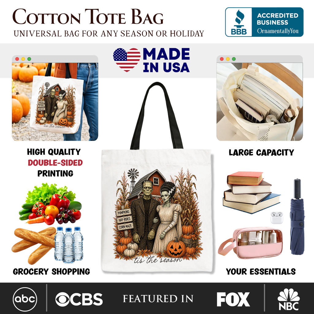 Cotton tote bag with Frankenstein couple illustration on front and black handles