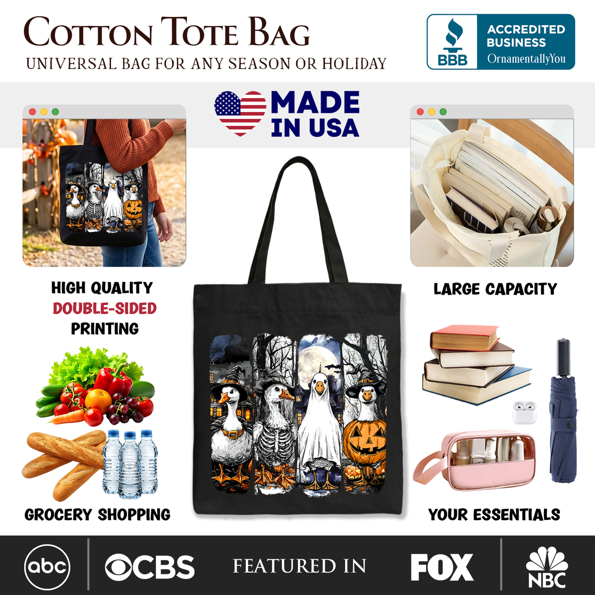 Black cotton tote bag with double-sided spooky goose and pumpkin graphic