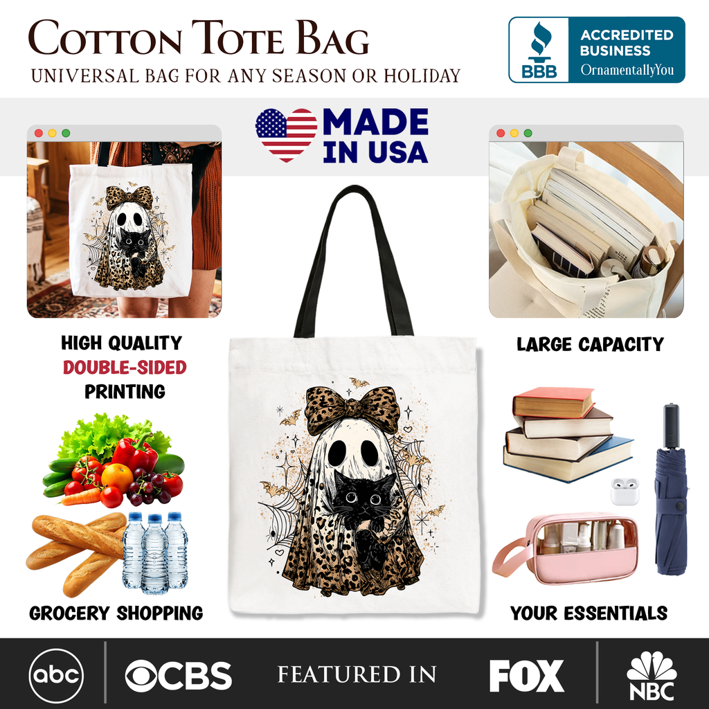 White cotton tote bag, black handles, double-sided illustration of ghost cat with leopard bow