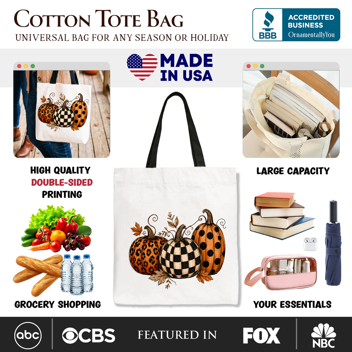 White tote bag with large pumpkin graphic, black handles, leopard and checkered design