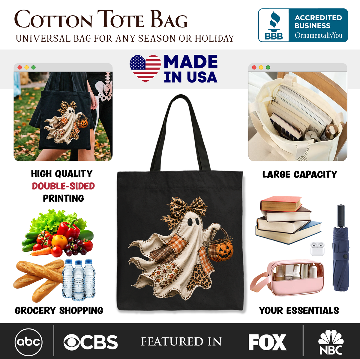 Black tote bag featuring patchwork ghost with leopard bow and jack-o'-lantern appliques