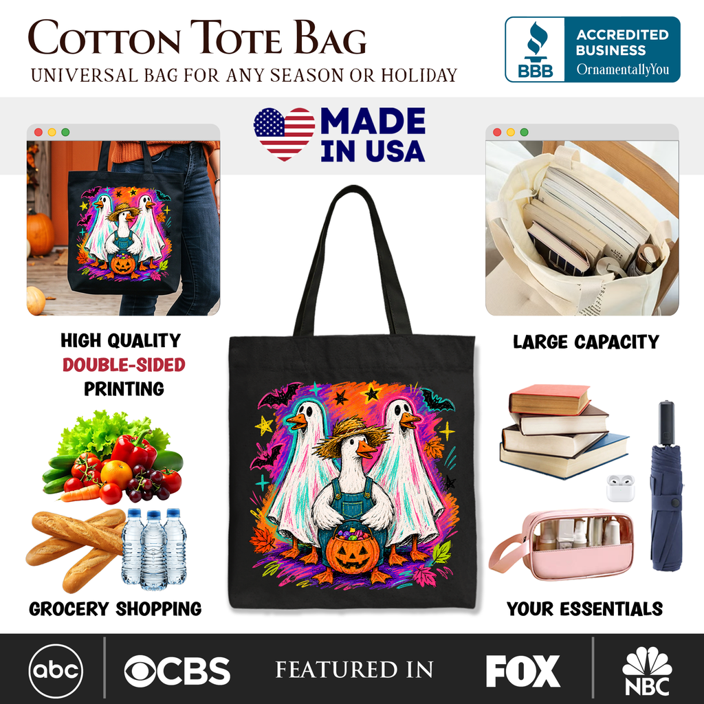 Black tote bag with colorful double-sided goose graphic and teal pumpkin centerpiece.