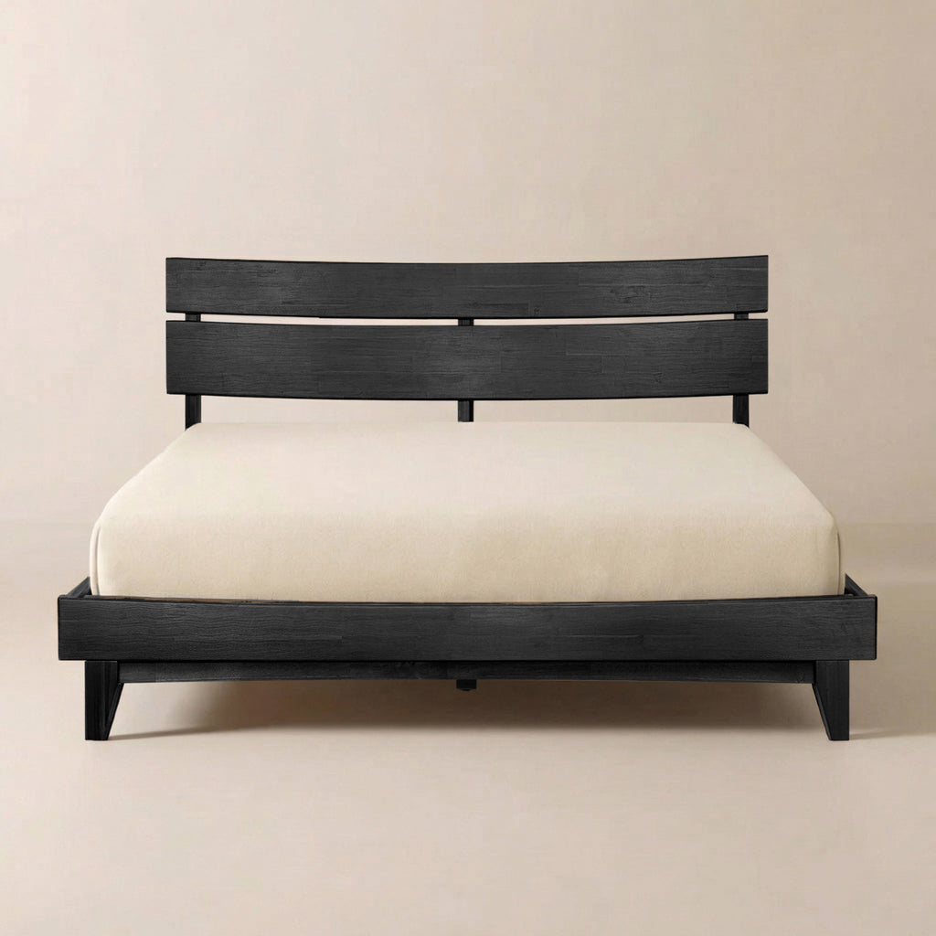 Black solid wood bed frame with slatted headboard and low footboard