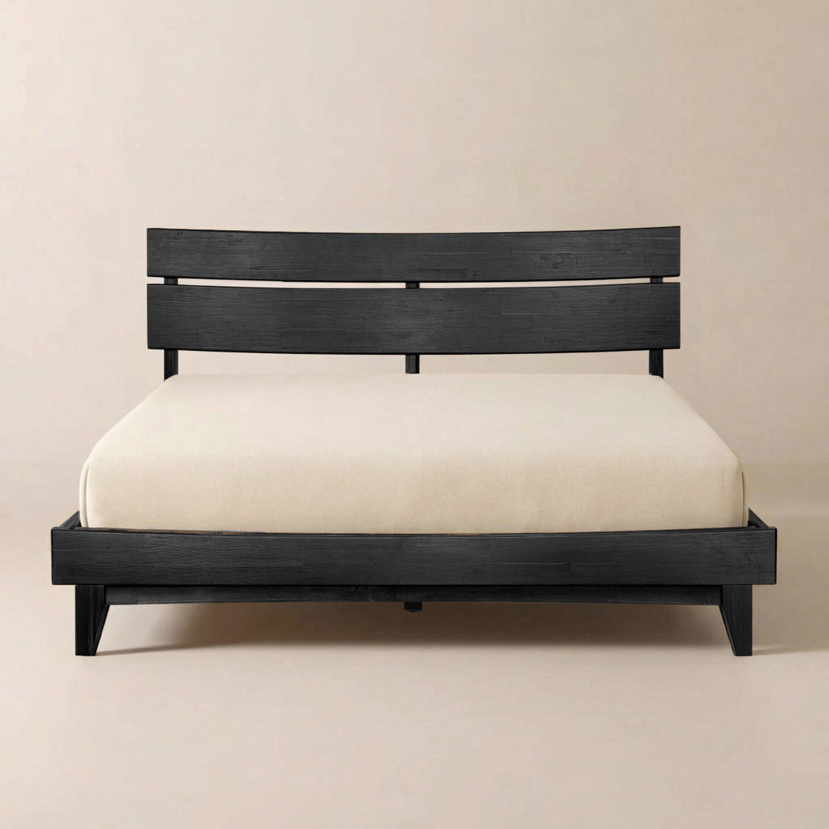 Black solid wood bed frame with slatted headboard and low footboard