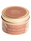 Autumn Leaves tin candle with brown label on gold metal lid