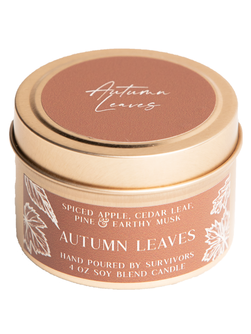 Autumn Leaves tin candle with brown label on gold metal lid