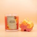 Autumn Orchard candle jar and orange glitter flower bath bomb