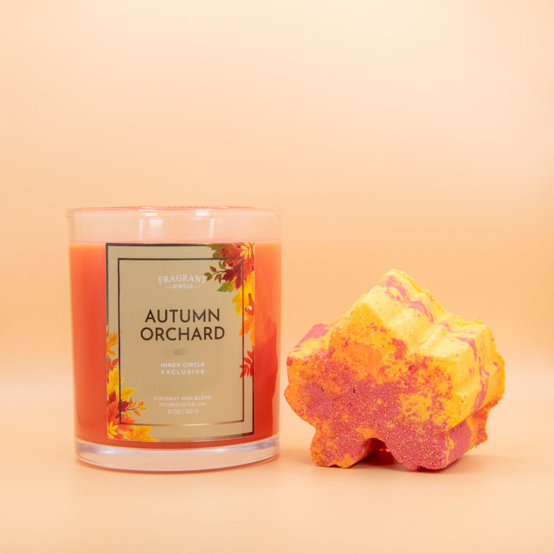 Autumn Orchard candle jar and orange glitter flower bath bomb