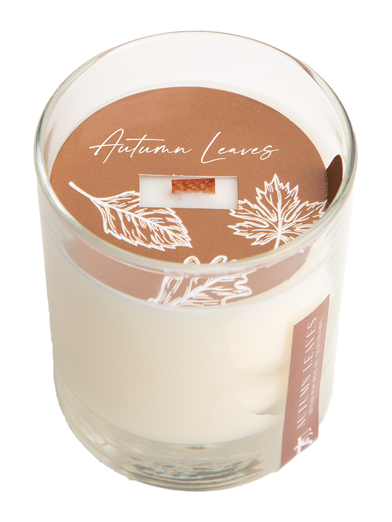 Autumn Leaves wooden wick candle jar with off-white wax and leaf design on top