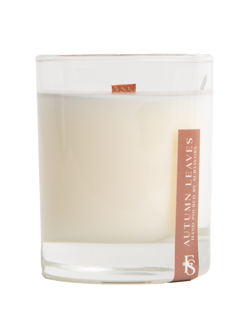 Autumn Leaves wooden wick candle in clear jar with off-white wax and leaf label