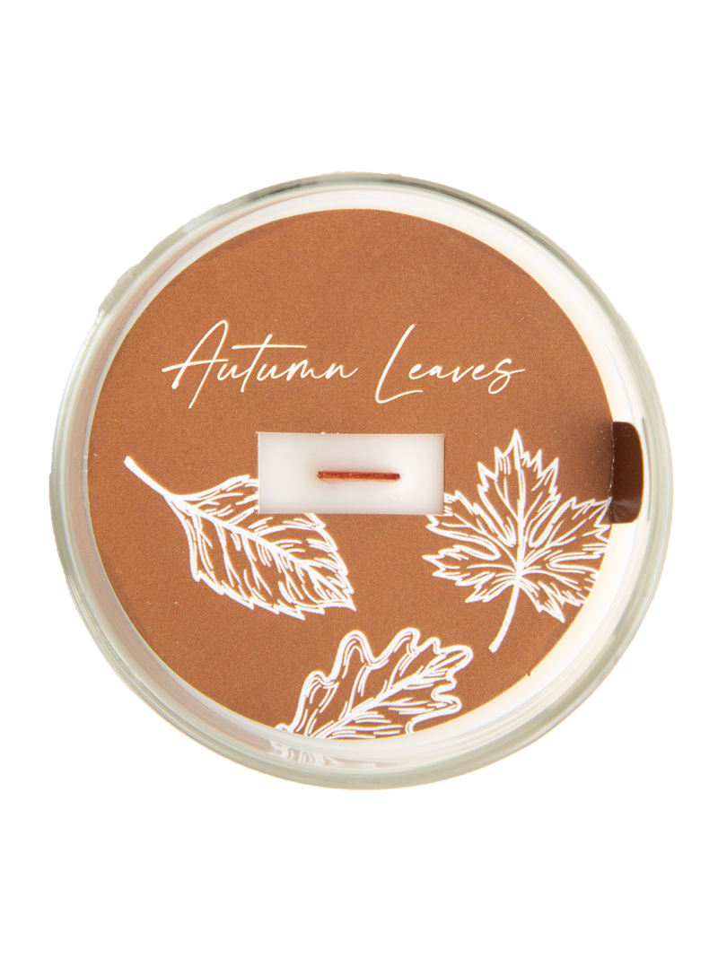 Autumn Leaves wooden wick candle lid-top view with leaf graphic and wax center