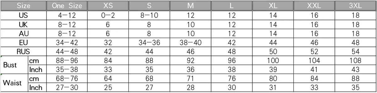 Size chart table showing US/UK/EU/RUS measurements and waist in cm and inches