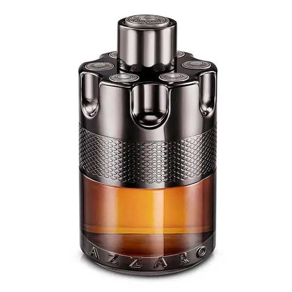 Men's eau de parfum spray bottle with metallic black body and amber glass