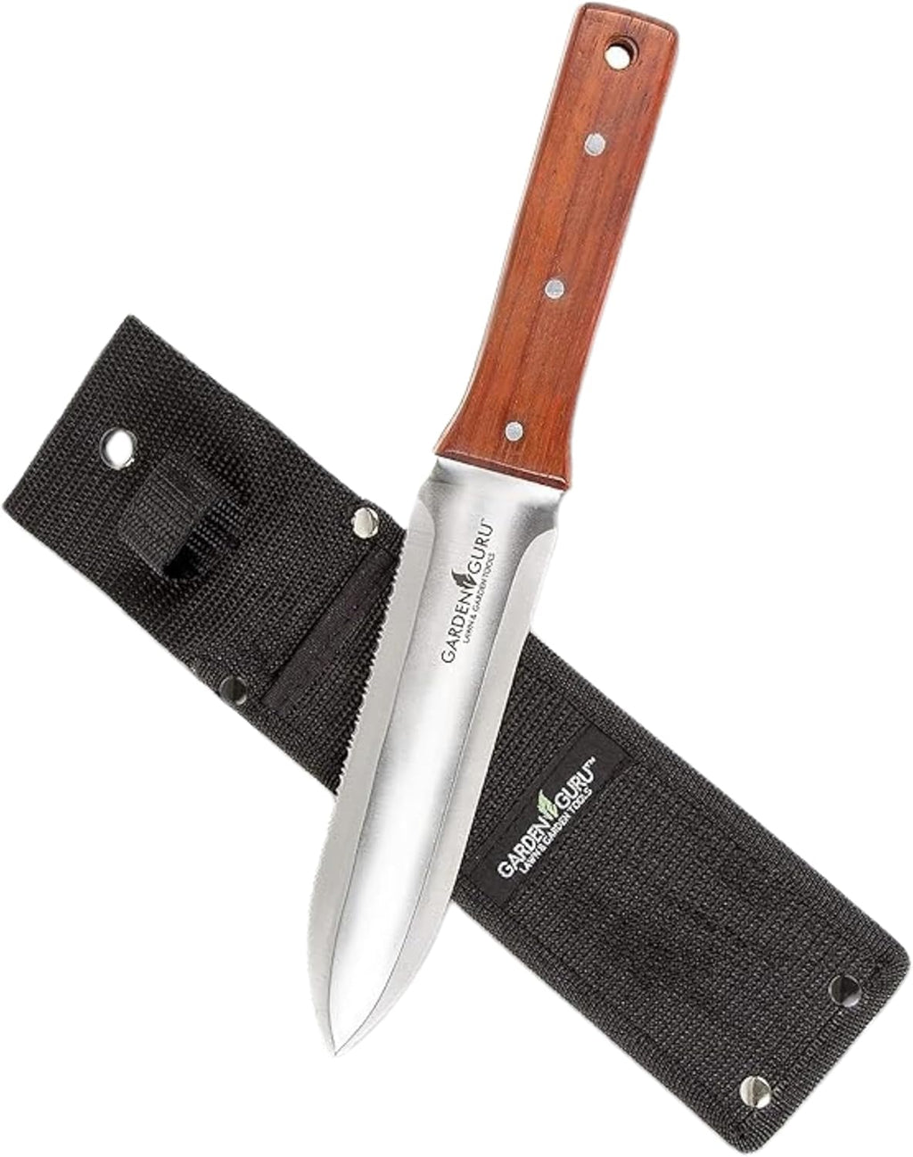 Garden knife with wood handle and black fabric sheath, pointed blade shown
