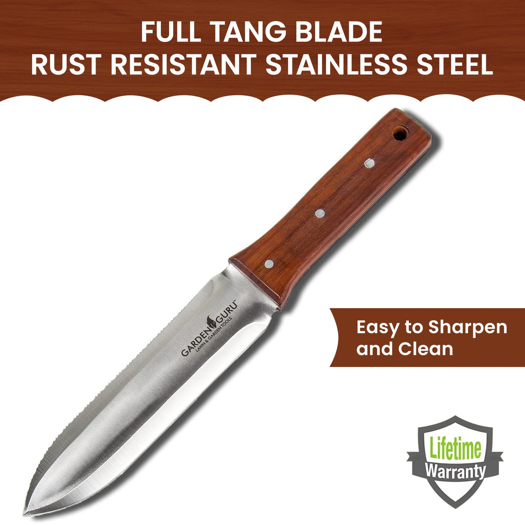 Garden knife with full tang stainless steel blade and wood handle, sheathed