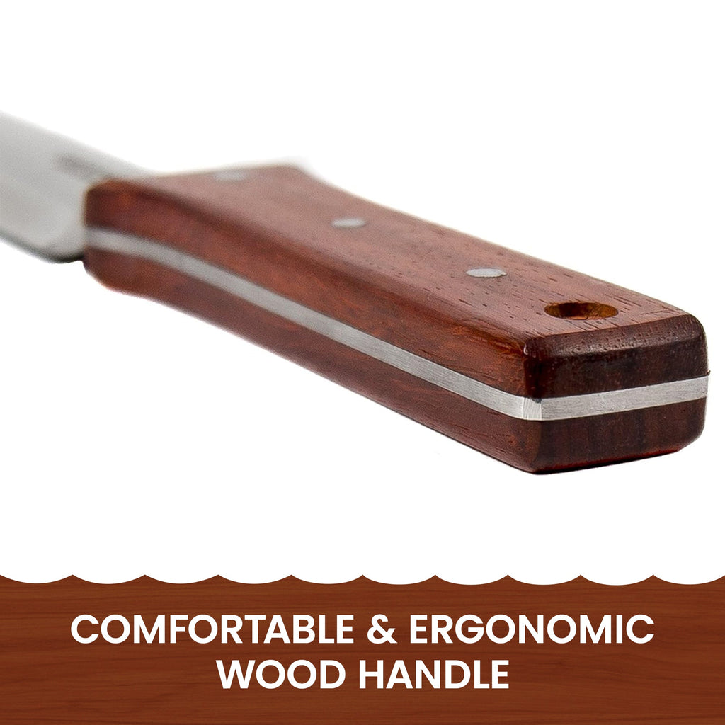 Garden knife close-up with dark wood handle and stainless blade edge