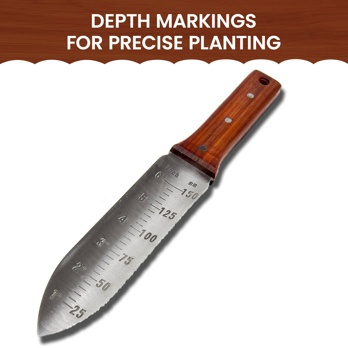 Garden knife with stainless blade and wood handle, depth markings visible