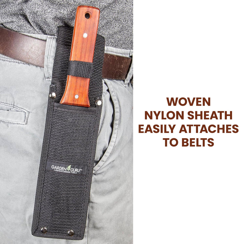 Garden knife in black woven nylon sheath attached to waist belt on pants