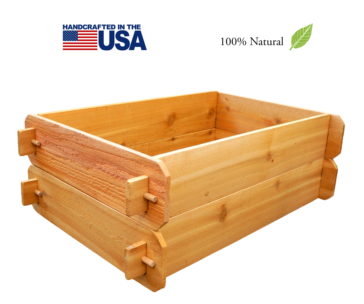 Cedar double-deep raised garden bed kit with corner pegs; handcrafted in USA