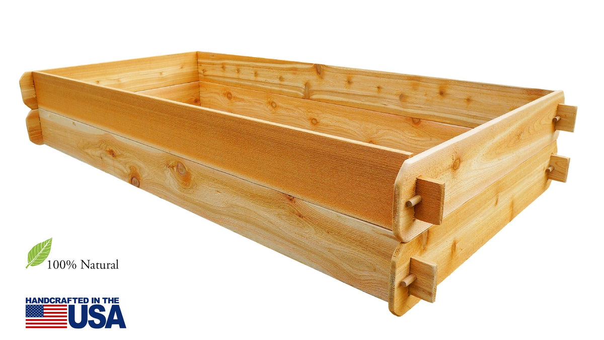 Natural cedar raised garden bed with slatted sides and corner brackets