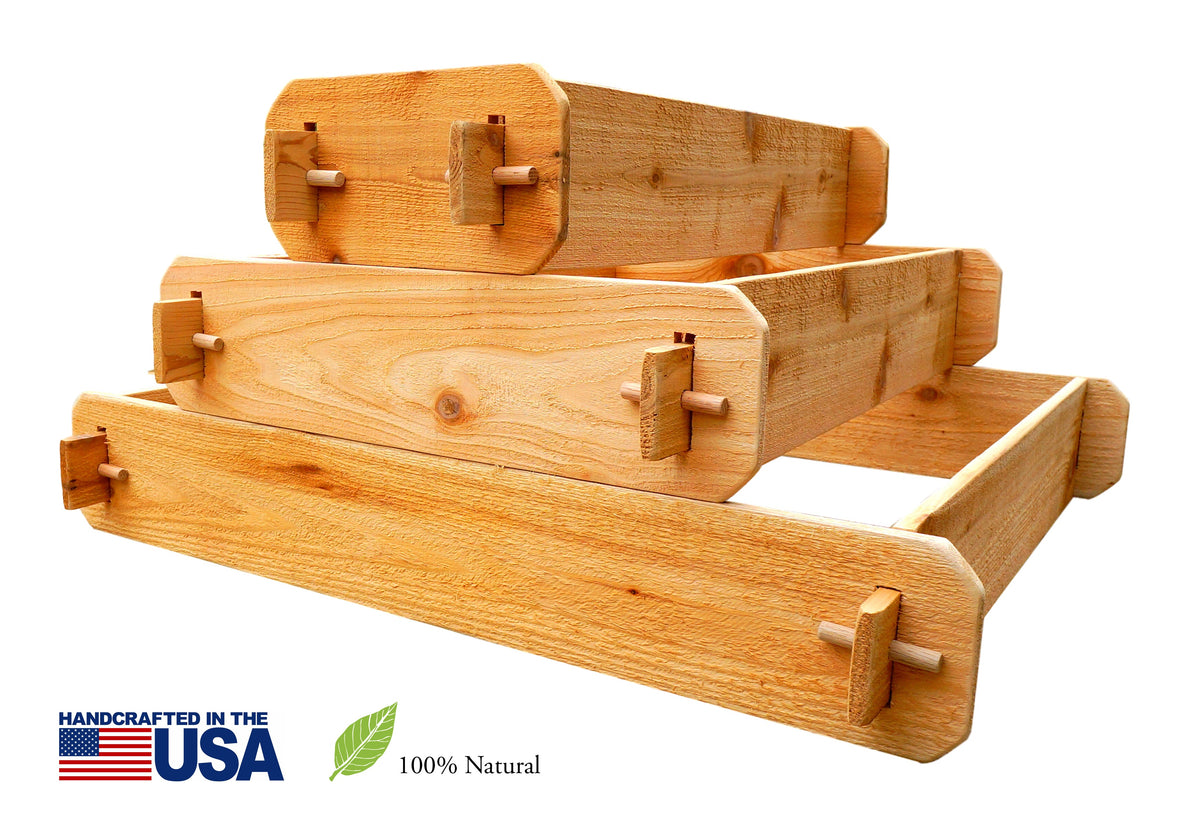 3-tier cedar raised garden bed kit in natural finish with corner locks and stepped design