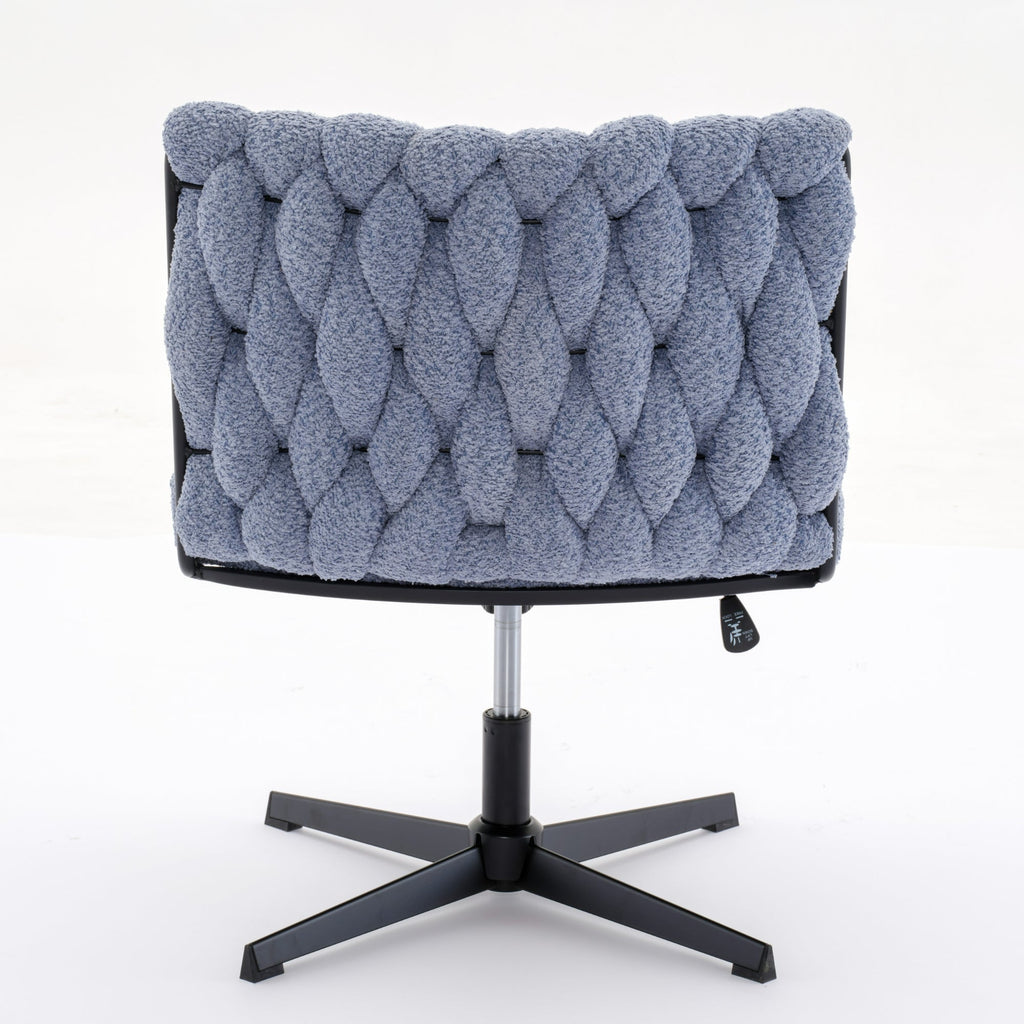 Blue armless office chair with textured tufted backrest and black five-star base