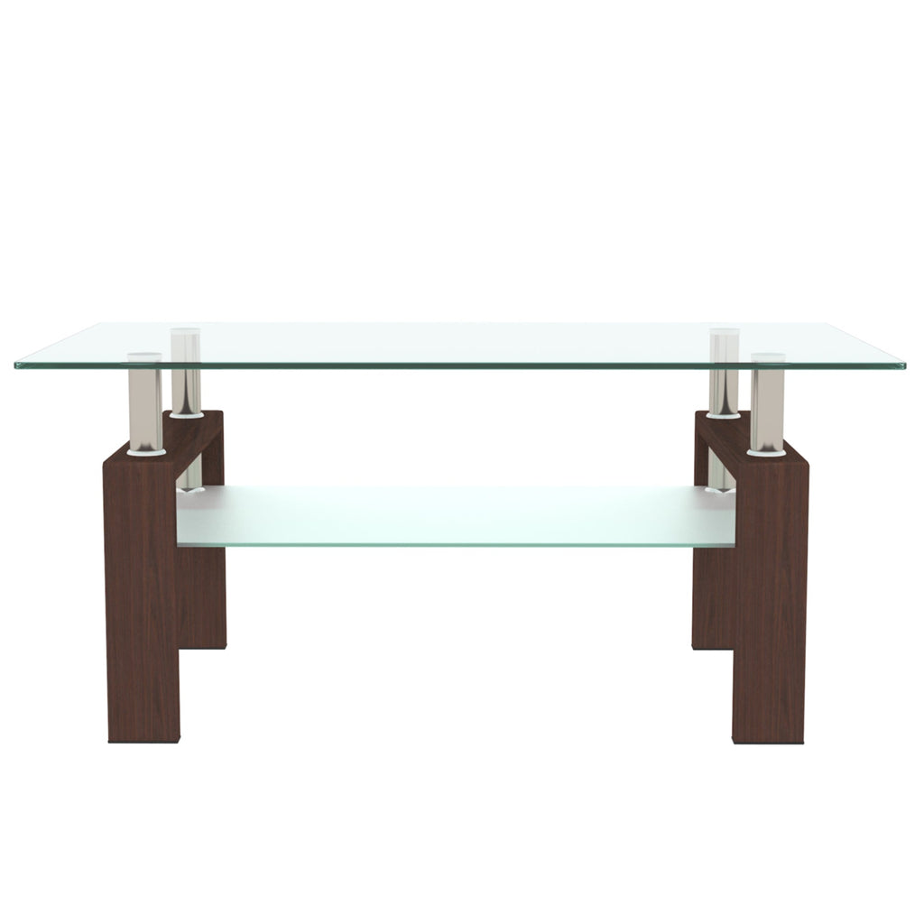 Front view of rectangular clear glass coffee table with walnut supports and lower shelf