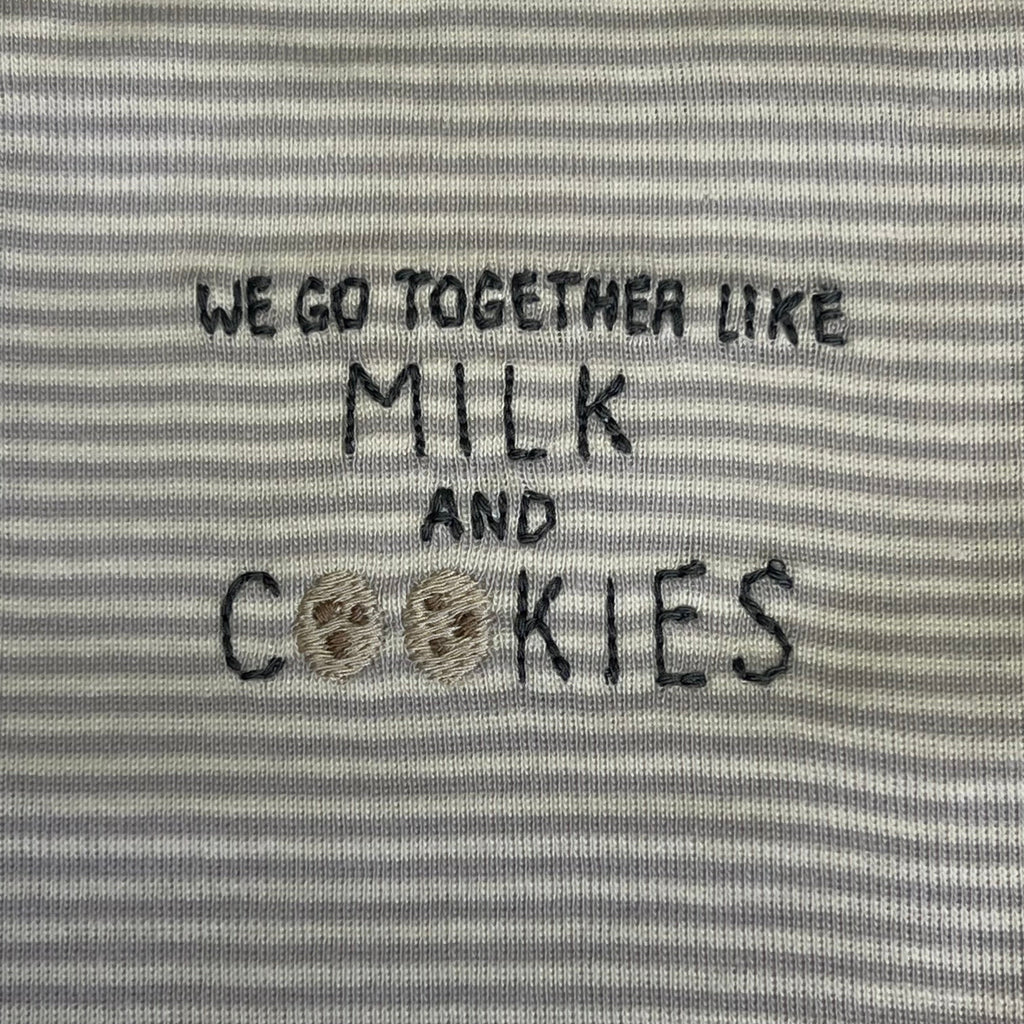 Baby cotton striped bodysuit fabric text: “We go together like Milk and Cookies”