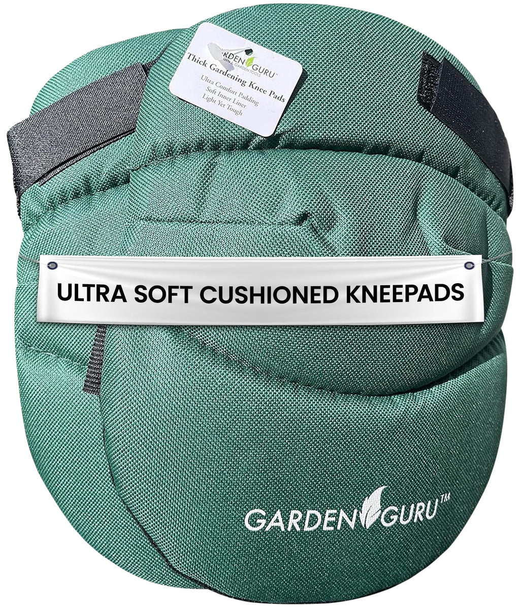 Green extra cushioned gardening kneepads with thick foam padding and hook-and-loop strap